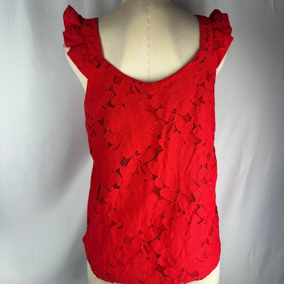 Monteau Los Angeles Red Floral Overlay V Neck Ruffled Top Tank - Picture 3 of 10
